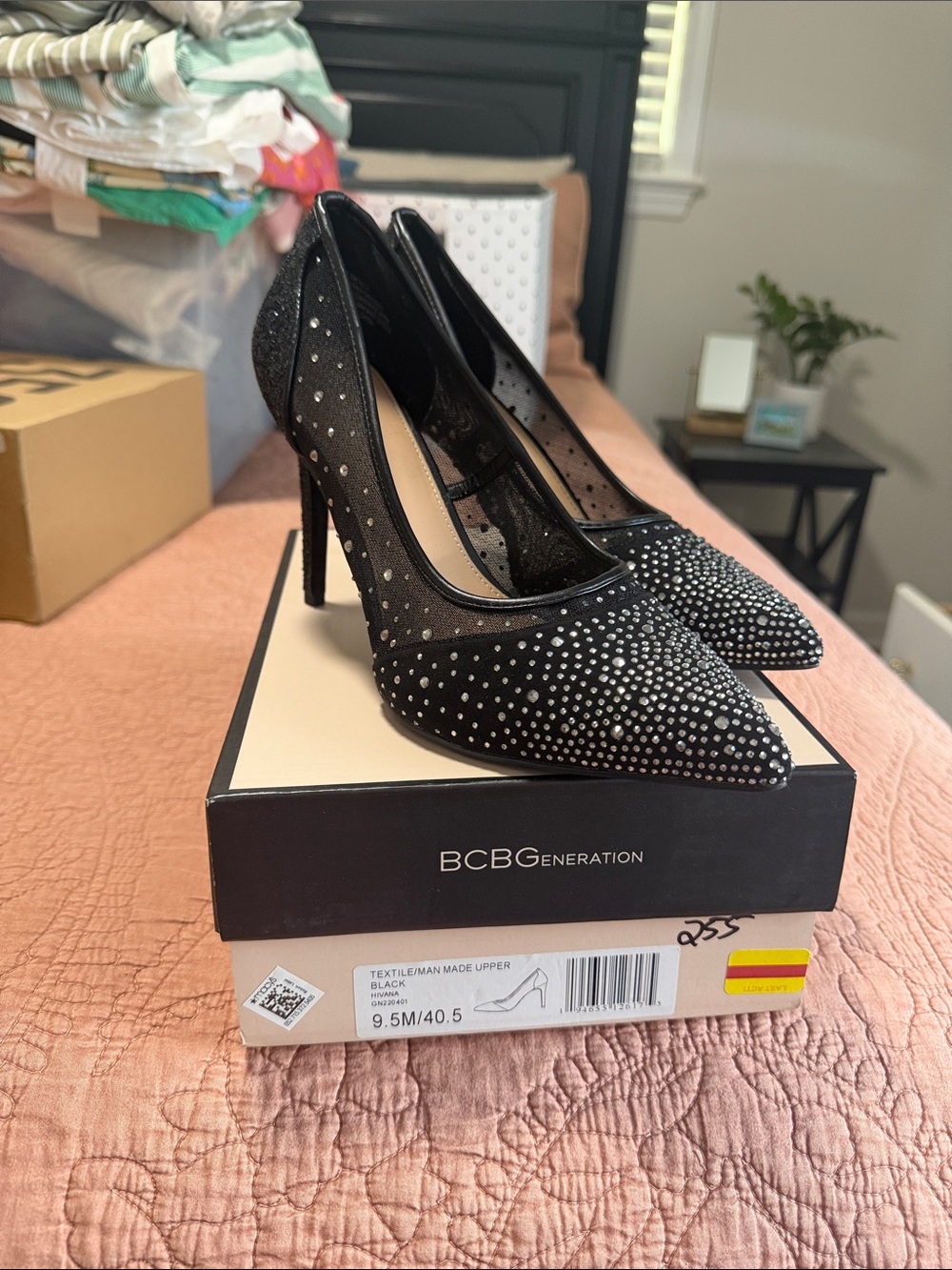 BCBGeneration Black Crystal-Studded Pointed Toe Stilettos
